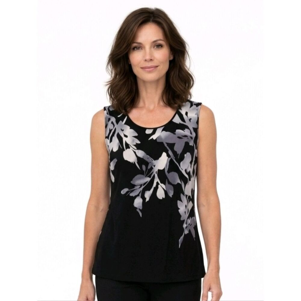 Susan Graver Black Leaf Patterned Liquid Knit Tank Top Size XS